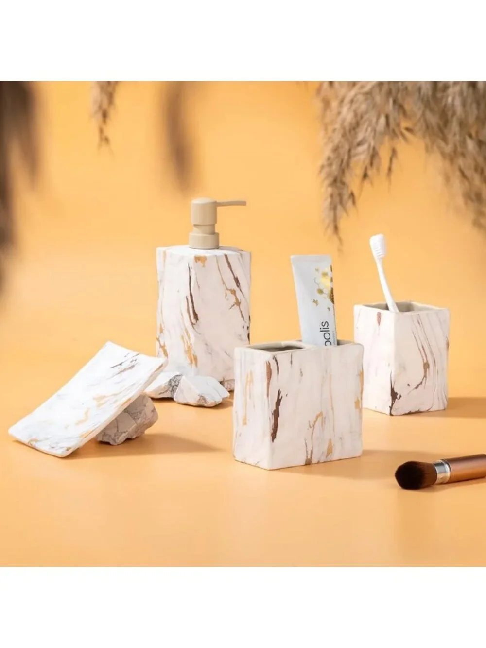 Elegant Marble Bathroom Accessories Set - 4-Piece Ceramic Decor with Gold